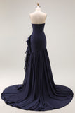 Navy Strapless High Low Prom Dress with Ruffles