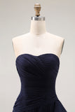 Navy Strapless High Low Prom Dress with Ruffles