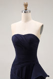 Navy Strapless High Low Prom Dress with Ruffles