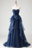 Strapless Ruched Princess Ruffled Navy Prom Dress