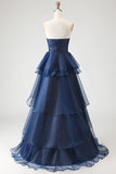 Strapless Ruched Princess Ruffled Navy Prom Dress