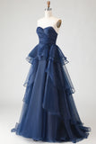 Strapless Ruched Princess Ruffled Navy Prom Dress