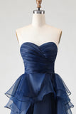 Strapless Ruched Princess Ruffled Navy Prom Dress