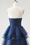 Strapless Ruched Princess Ruffled Navy Prom Dress