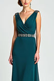 Peacock Sheath Wrap V Neck Chiffon Long Mother of the Bride Dress with Beading