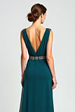 Peacock Sheath Wrap V Neck Chiffon Long Mother of the Bride Dress with Beading