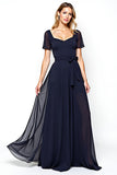 Navy Square Neck A-Line Chiffon Long Mother of the Bride Dress