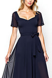Navy Square Neck A-Line Chiffon Long Mother of the Bride Dress