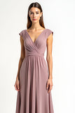 Dusty Rose A-Line Wrap V-Neck Pleated Chiffon Mother of the Bride Dress