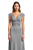 Silver Sheath Ruched Mother of the Bride Dress with Cap Sleeves