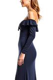 Navy Sheath Ruffled Off the Shoulder Mother of the Bride Dress