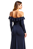 Navy Sheath Ruffled Off the Shoulder Mother of the Bride Dress