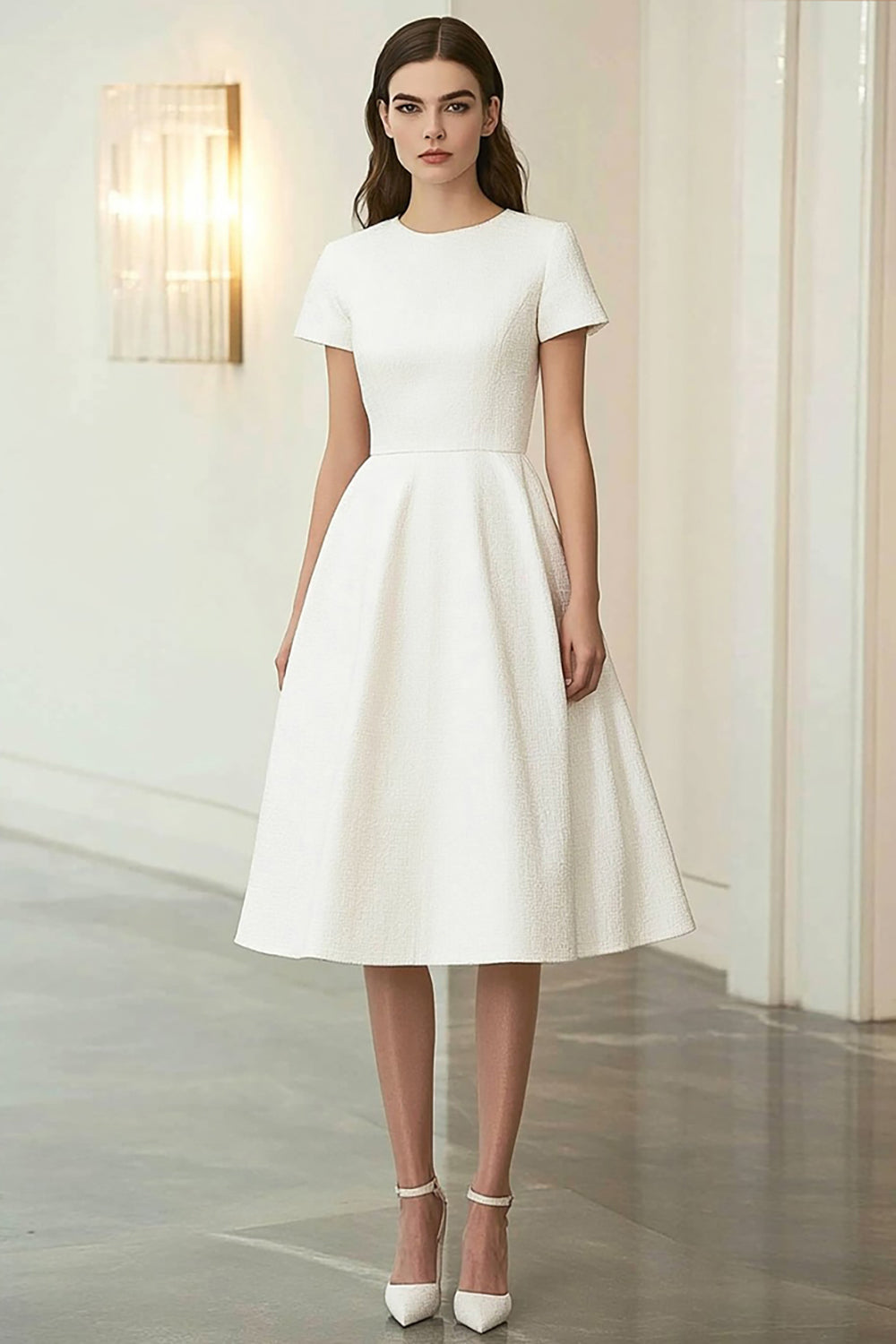 WEDTREND Women Ivory Formal Dress with Short Sleeves Jacquard Round Neck A-Line Midi Length Prom Dress Wedtrend UK WEDTREND Women Ivory Formal Dress with Short Sleeves Jacquard Round Neck A-Line Midi Length Prom Dress Wedtrend UK