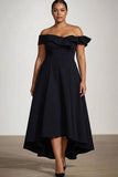 Black Off the Shoulder A Line Plus Size High-Low Formal Dress