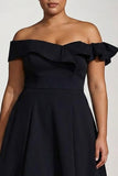 Black Off the Shoulder A Line Plus Size High-Low Formal Dress