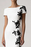 White Boat Neck Sheath Appliqued Crepe Long Formal Dress