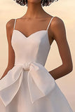 White A-Line Satin Graduation Dress With Bows