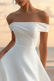 White A Line Off The Shoulder Satin Graduation Dress