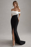 Elegant Off the Shoulder Black and White Evening Dress with Slit