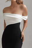 Elegant Off the Shoulder Black and White Evening Dress with Slit