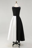 Black and White A Line Boat Neck Midi Dress