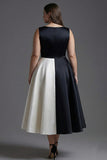 Black White A Line Boat Neck Plus Size Midi Formal Dress