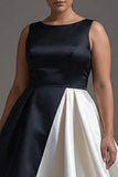 Black White A Line Boat Neck Plus Size Midi Formal Dress