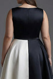 Black White A Line Boat Neck Plus Size Midi Formal Dress