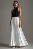 Black and White Pleated A Line Halter Evening Dress