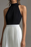 Black and White Pleated A Line Halter Evening Dress