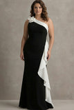 Mermaid Black White One Shoulder Plus Size Long Formal Dress with Ruffles
