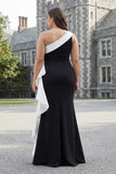Mermaid Black White One Shoulder Plus Size Long Formal Dress with Ruffles