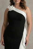 Mermaid Black White One Shoulder Plus Size Long Formal Dress with Ruffles