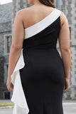 Mermaid Black White One Shoulder Plus Size Long Formal Dress with Ruffles