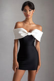 Black and White Off the Shoulder Bow Satin Mini Dress