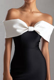 Black and White Off the Shoulder Bow Satin Mini Dress