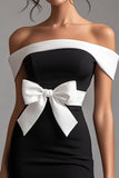 Off the Shoulder Bodycon Black and White Mini Dress with Bow