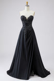 Black Sweetheart Appliqued A Line Plus Size Prom Dress With Slit