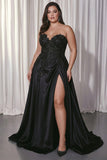 Black Sweetheart Appliqued A Line Plus Size Prom Dress With Slit