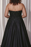 Black Sweetheart Appliqued A Line Plus Size Prom Dress With Slit