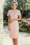 Pink Embroidered Knee Length Mum of the Bride Dress