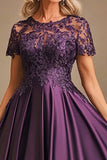 Purple A Line Round Neck Mum of the Bride Dress With Lace
