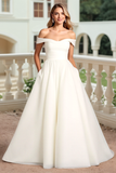 White A Line Ruched Off the Shoulder Wedding Dress