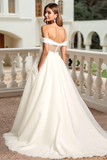 White A Line Ruched Off the Shoulder Wedding Dress