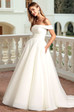 White A Line Ruched Off the Shoulder Wedding Dress
