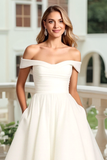 White A Line Ruched Off the Shoulder Wedding Dress