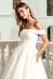 White A Line Ruched Off the Shoulder Wedding Dress