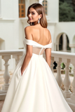 White A Line Ruched Off the Shoulder Wedding Dress