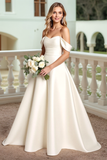 Satin A Line White Off the Shoulder Wedding Dress with Bow