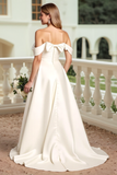 Satin A Line White Off the Shoulder Wedding Dress with Bow